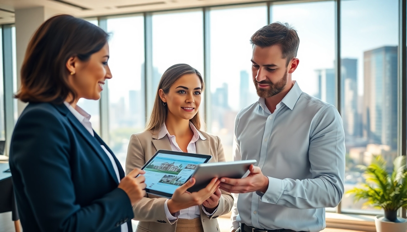 Engaging real estate agents collaborating on listings in a bright office space.