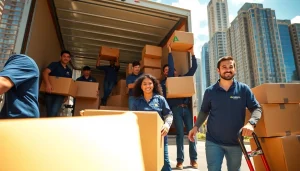Engaged team of Toronto movers lifting boxes into a moving truck in an urban setting.