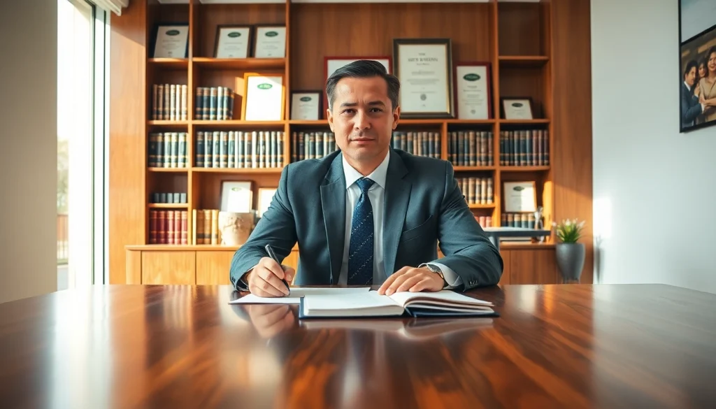 Engaging real estate lawyer providing expert advice in a professional office setting.