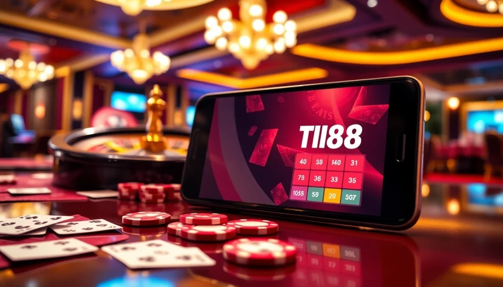 Cảnh hấp dẫn giới thiệu ứng dụng Tik88 trên điện thoại thông minh giữa bầu không khí sòng bạc sôi động với các chip poker và bộ bài.