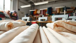 Katoen stoffen in verschillende kleuren en texturen in een professionele textielwerkplaats.