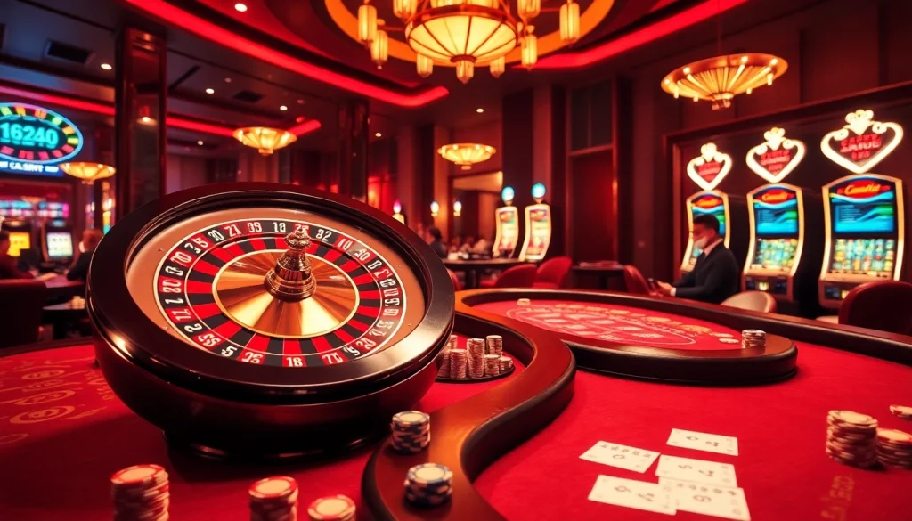 Experience the thrill of winning at Trang chủ OK8386 with an exciting casino scene showcasing poker chips and roulette.