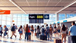 Dynamic airport scene showcasing travelers excited for flight 888, embodying the spirit of adventure and trust in fly888.