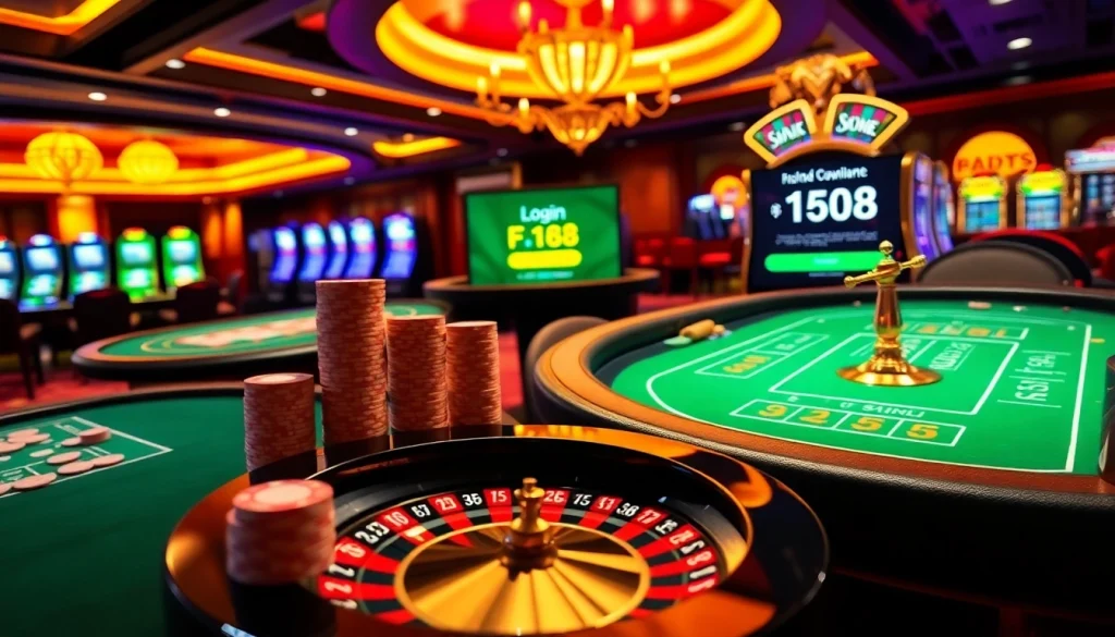 Players enjoying thrilling online gambling at F168 with vibrant tables and slot machines.