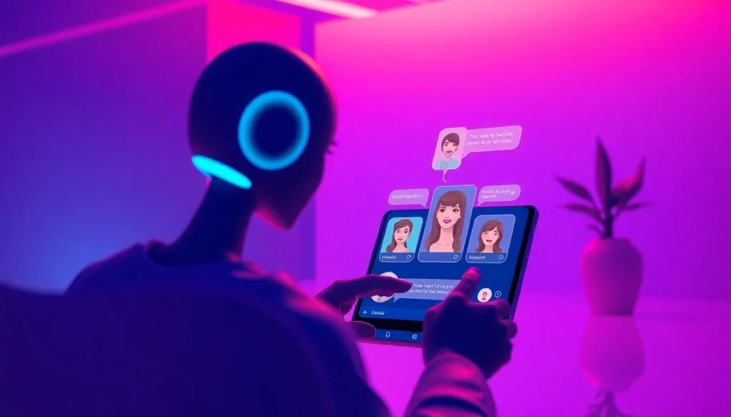 Engaging user interaction with a sex chat AI chatbot interface in a futuristic digital environment.