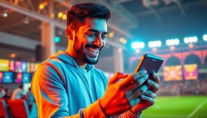 Aposte na melhor casa de apostas do Brasil com um jogador feliz usando o aplicativo Bet da Sorte.