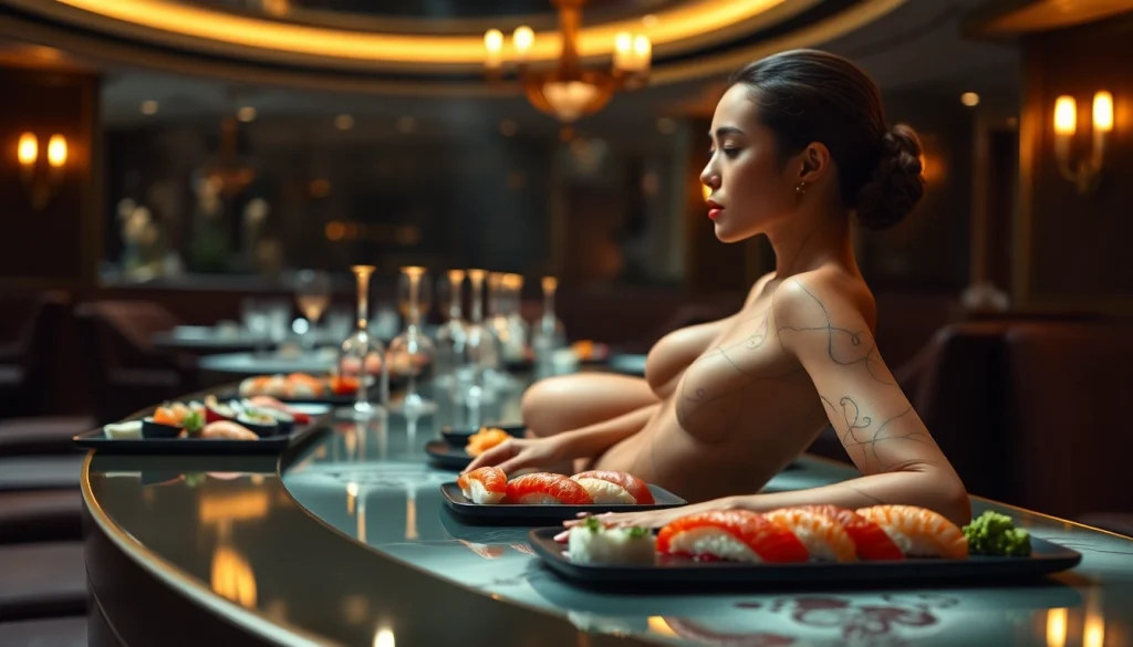 Body sushi elegantly displayed on a model, showcasing a unique dining experience at Club Noir, St. Martin.