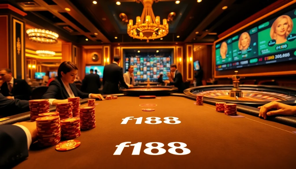 Experience the thrill of f168 with players engaging in high-stakes poker in a luxurious casino setting.