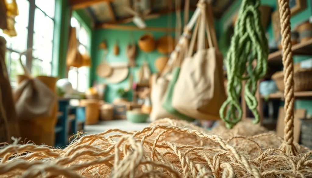 Jute vezels verwerkt tot een stoffen product in een creatieve studio.