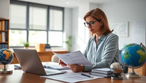 Tłumaczenie przysięgłe in action: a professional translator reviewing documents with attention and care.