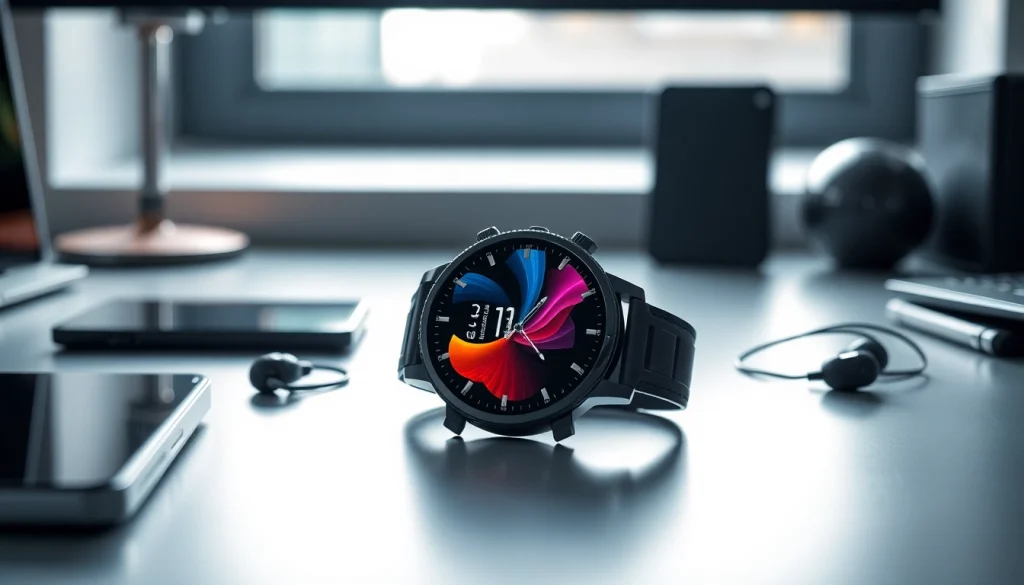LC88 Smart Watch displaying vibrant graphics on a modern desk setup.