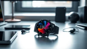 LC88 Smart Watch displaying vibrant graphics on a modern desk setup.