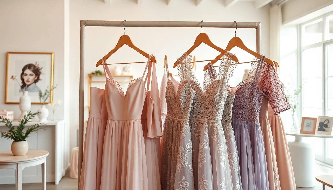 Rivelle elegantly displayed clothing in a boutique, showcasing intricate designs and luxurious textures.