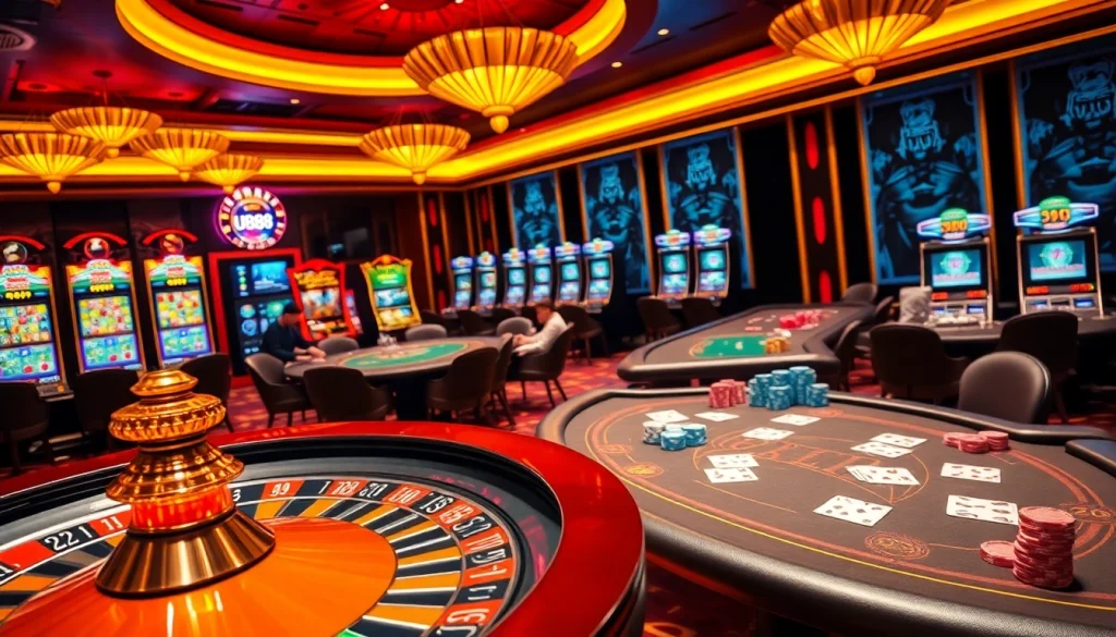 Players engaging at a UU88-themed casino table with vibrant chips and cards.