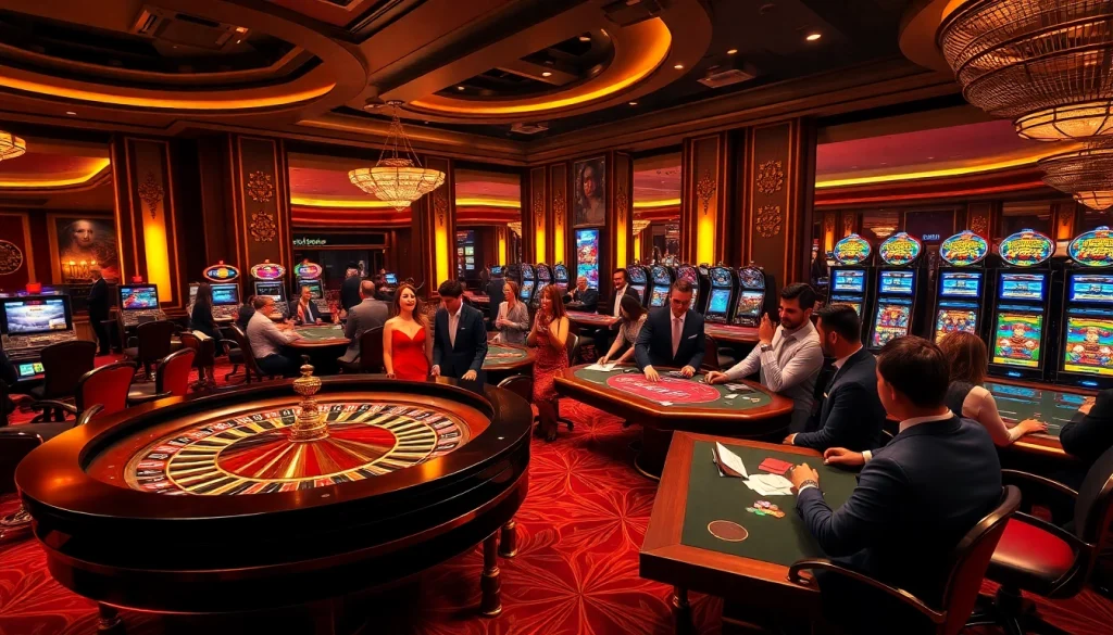 Exciting gaming atmosphere at nhà cái rr88 featuring enthusiastic players and vibrant casino elements.