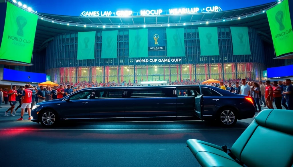 World Cup Group Transportation in a luxury limousine outside a vibrant stadium with excited fans.