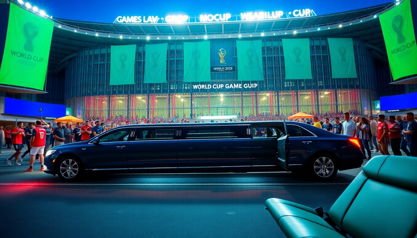 World Cup Group Transportation in a luxury limousine outside a vibrant stadium with excited fans.