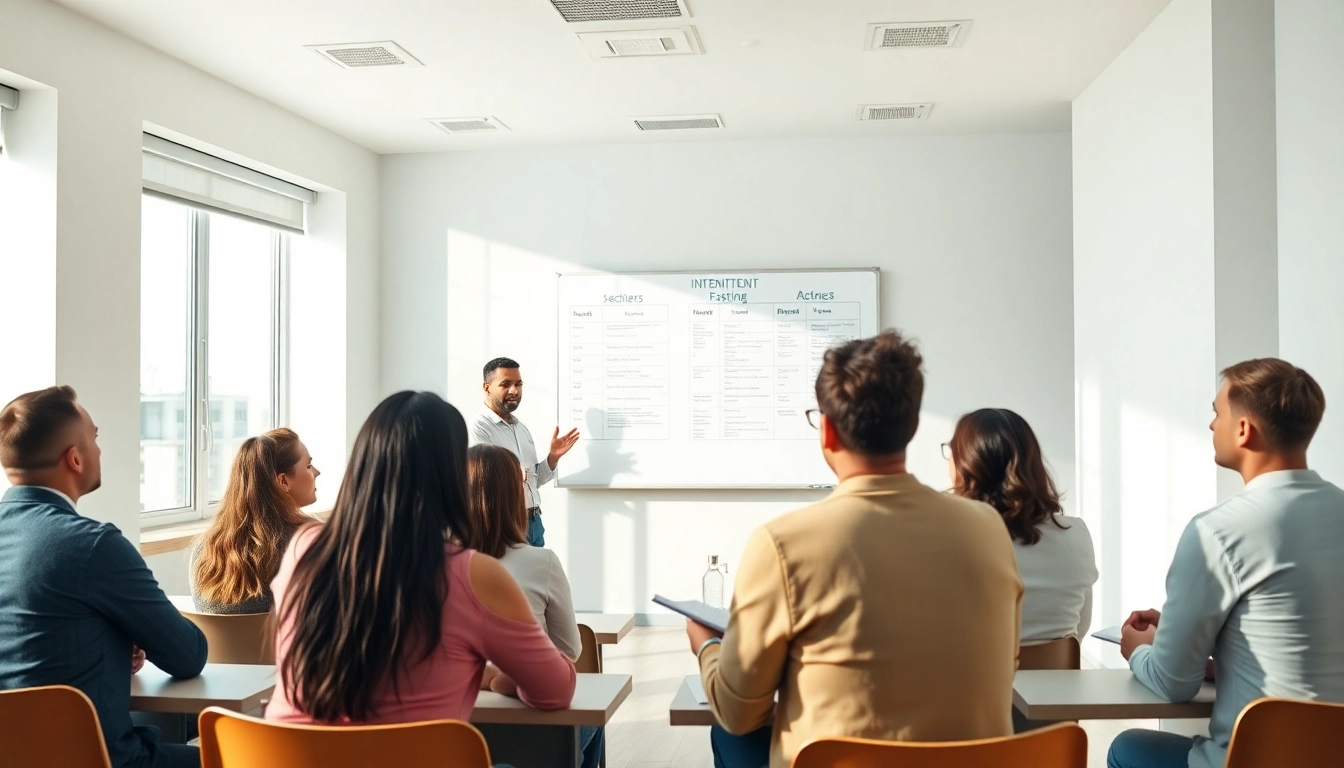 Engaging nutritionist discussing intermittent fasting in a bright classroom setting, encouraging learning.