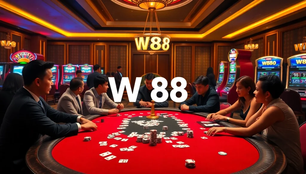 Tương tác với liên kết truy cập W88 giữa bối cảnh casino sống động có các bàn poker và roulette.