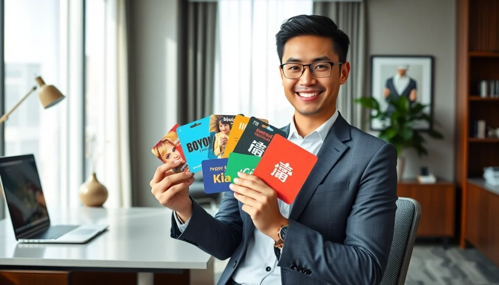 현대적인 사무실에서 다양한 상품권카드 디자인을 전문적으로 선보이는 모습.