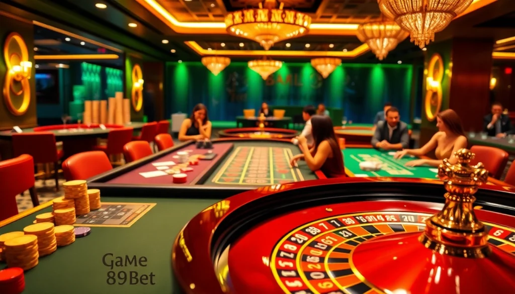 Experience the thrill of game 89bet at a luxurious casino with vibrant gaming tables.