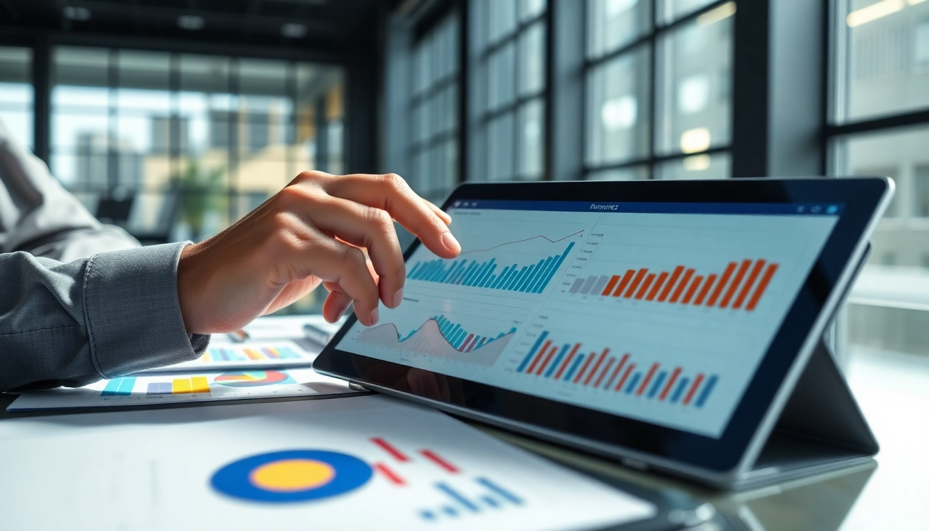 Analyze competitive intelligence data with colorful charts in a bright office setting.