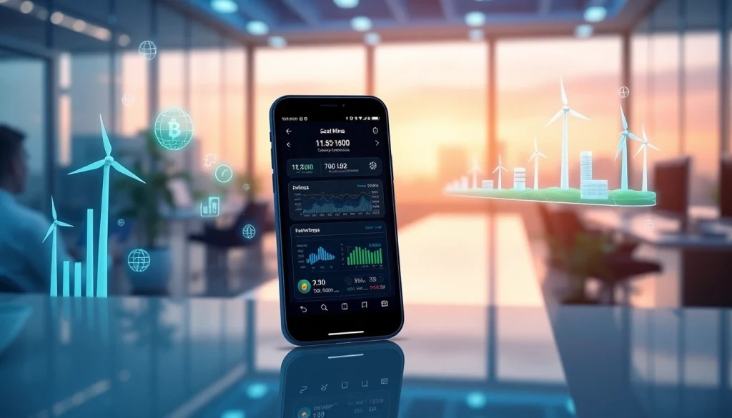 cloud mining app dashboard displaying real-time mining stats and renewable energy sources