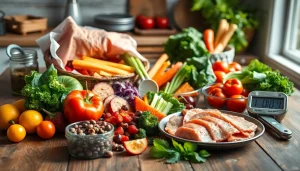 Prepare healthy meals for intermittent fasting with colorful ingredients on a wooden table.