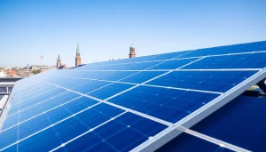 View of commercial solar panels Nottingham installation on a modern building in an urban area.