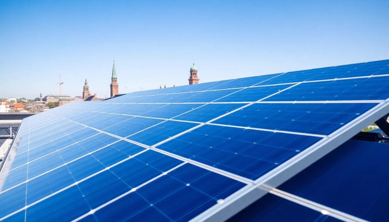 View of commercial solar panels Nottingham installation on a modern building in an urban area.