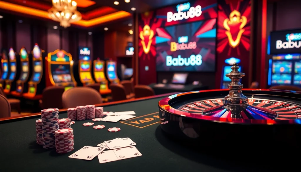Babu88's thrilling casino atmosphere showcasing vibrant poker chips and a roulette wheel.