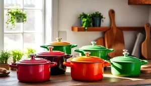 Vibrant collection of Le Creuset NZ cookware displayed in a beautifully lit kitchen setting.