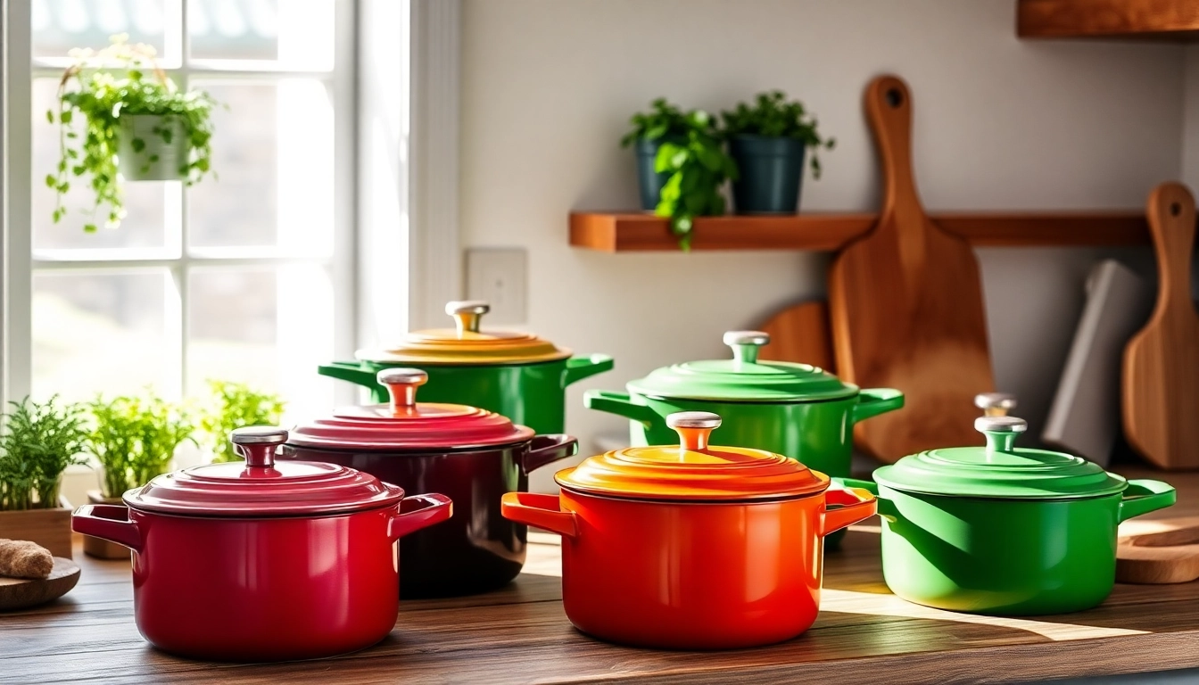 Vibrant collection of Le Creuset NZ cookware displayed in a beautifully lit kitchen setting.
