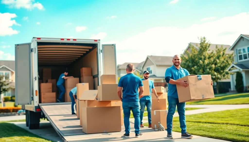 Movers from a Vancouver moving company carefully loading boxes into a truck in a sunny neighborhood.