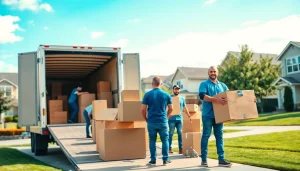 Movers from a Vancouver moving company carefully loading boxes into a truck in a sunny neighborhood.