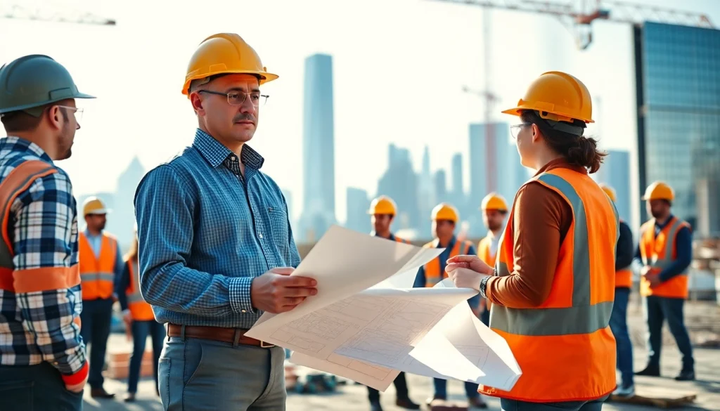 Manhattan Construction Manager engaging with a team at a modern construction site, showcasing leadership.