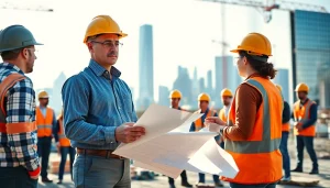 Manhattan Construction Manager engaging with a team at a modern construction site, showcasing leadership.