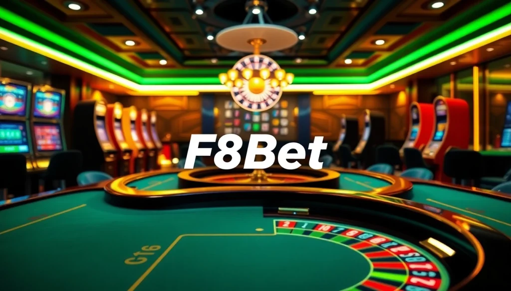 Engaging scene with F8Bet logo, vibrant casino elements, and luxurious gambling atmosphere