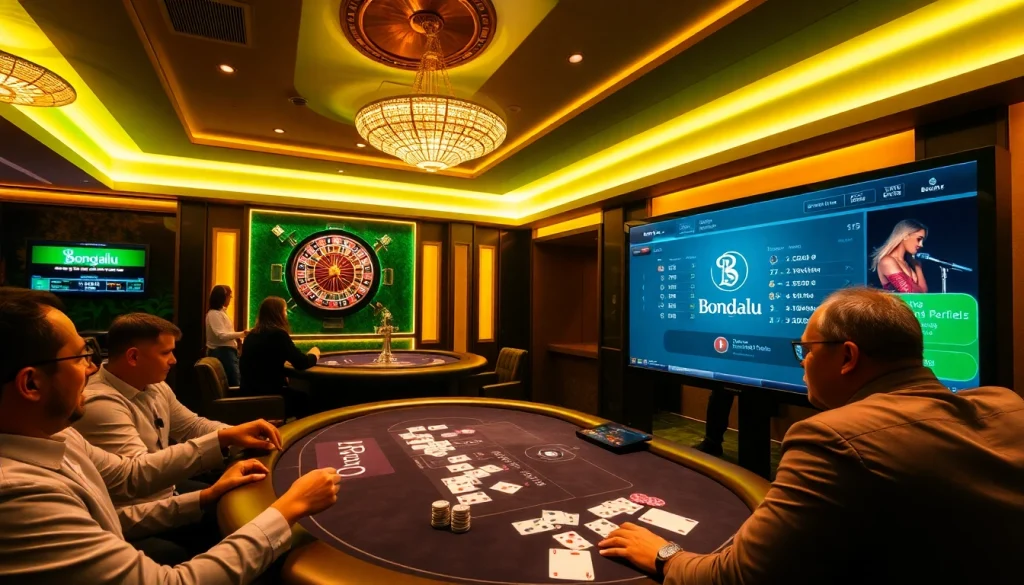 Bongdalu betting scene featuring a luxurious poker table, vibrant roulette wheel, and live sports scores.