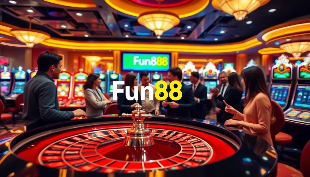 Exciting Fun88 link scene with gamblers at a roulette table showcasing vibrant colors and a luxurious atmosphere.