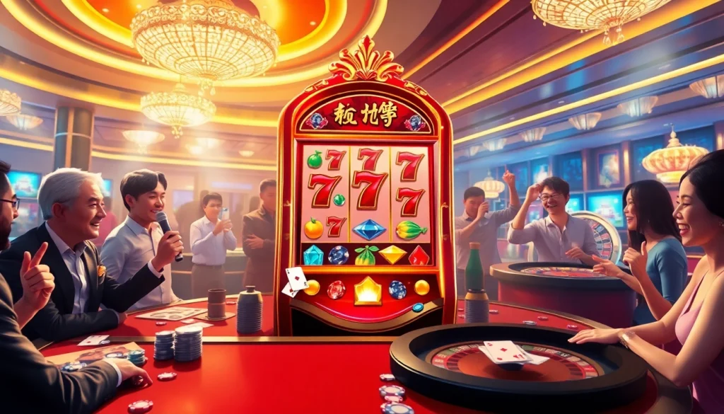 Excited players engaging with a "nổ hũ" slot machine in a luxurious casino setting.
