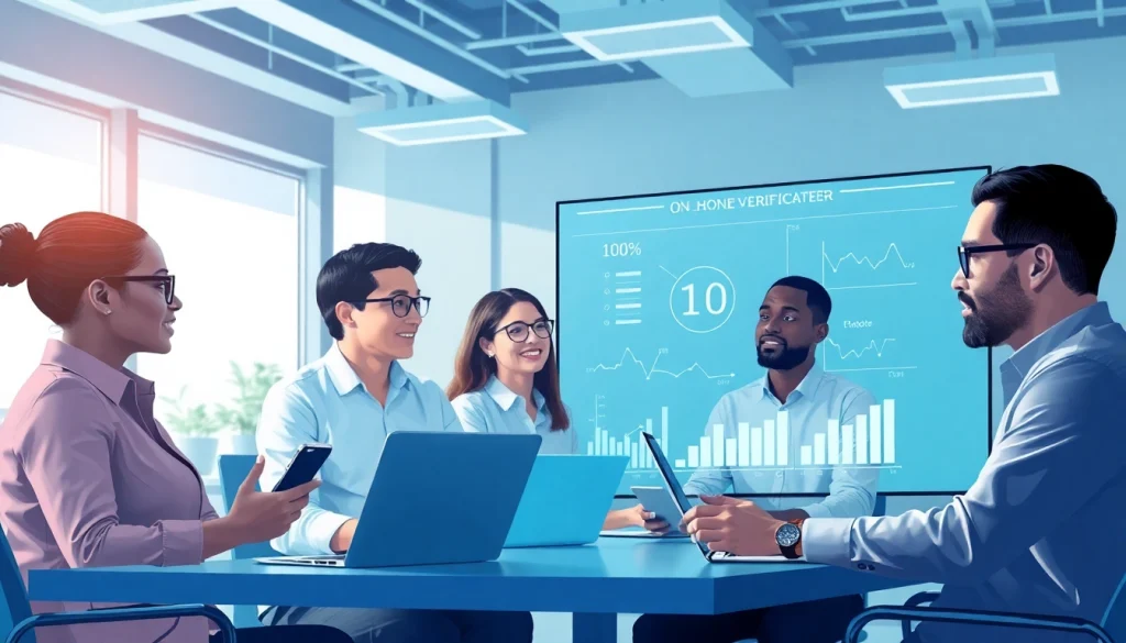 Online phone number verification demonstrated in a professional office with engaged teams and visible tech elements.