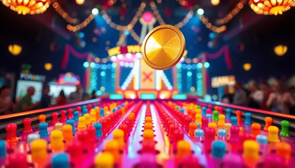 Menjatuhkan disk emas dalam permainan plinko yang penuh warna.