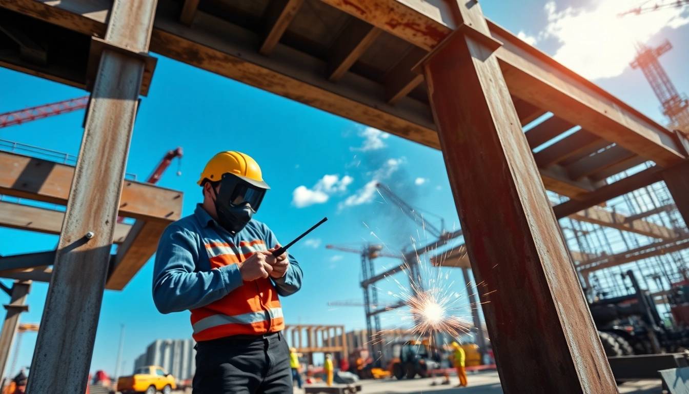 Welder performing structural steel welding with sparks flying, showcasing a vibrant construction site.