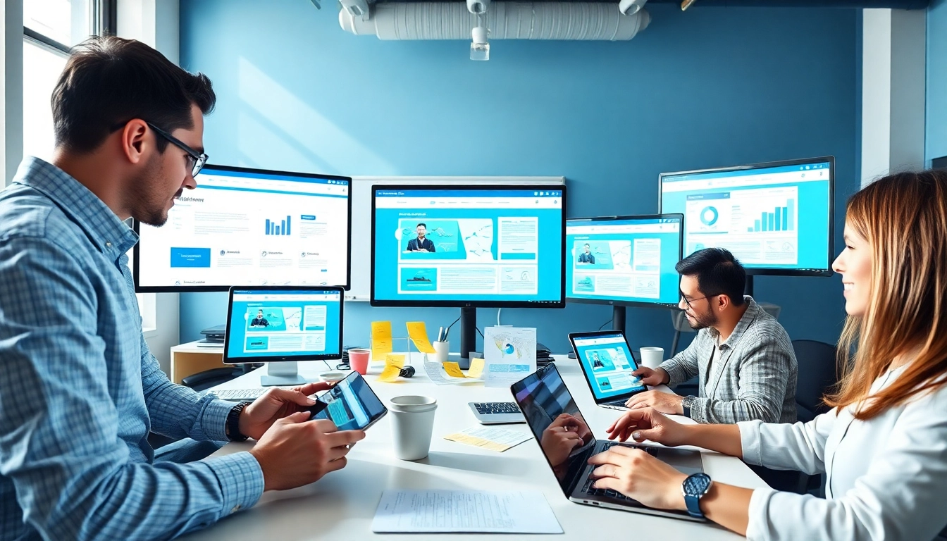 Professional team designing a custom website illustrating thiết kế website theo yêu cầu dynamically.