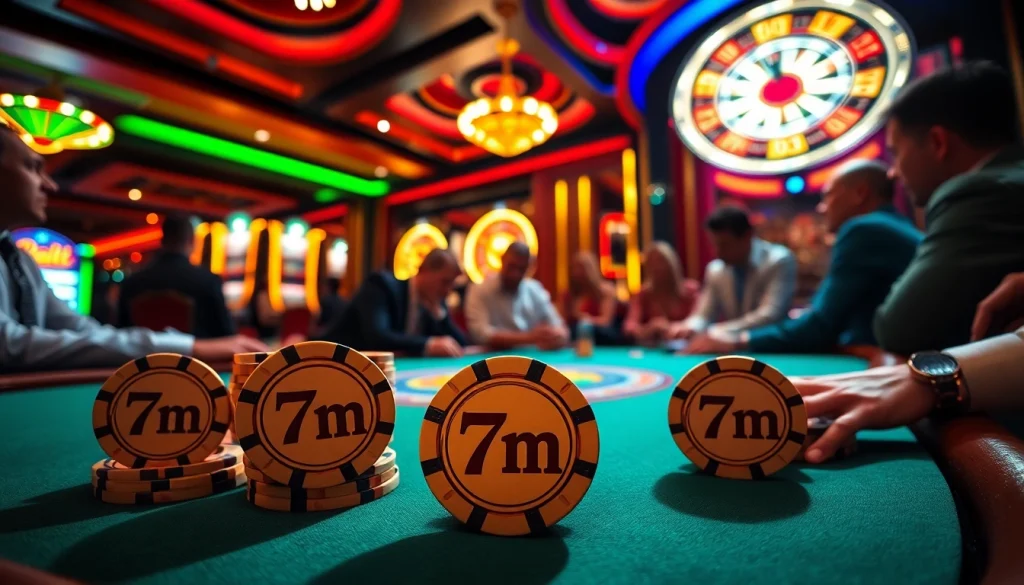 Gambling excitement at a luxurious poker table featuring 7m-themed chips and vibrant slot machines.