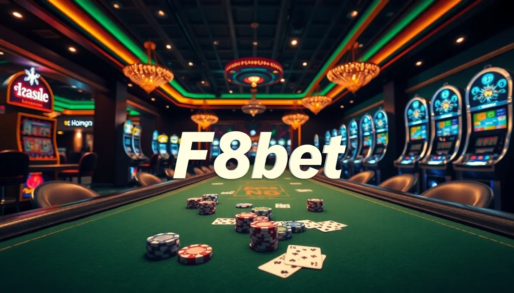 F8bet immersive casino experience with luxurious tables, vibrant colors, and exciting gaming elements.