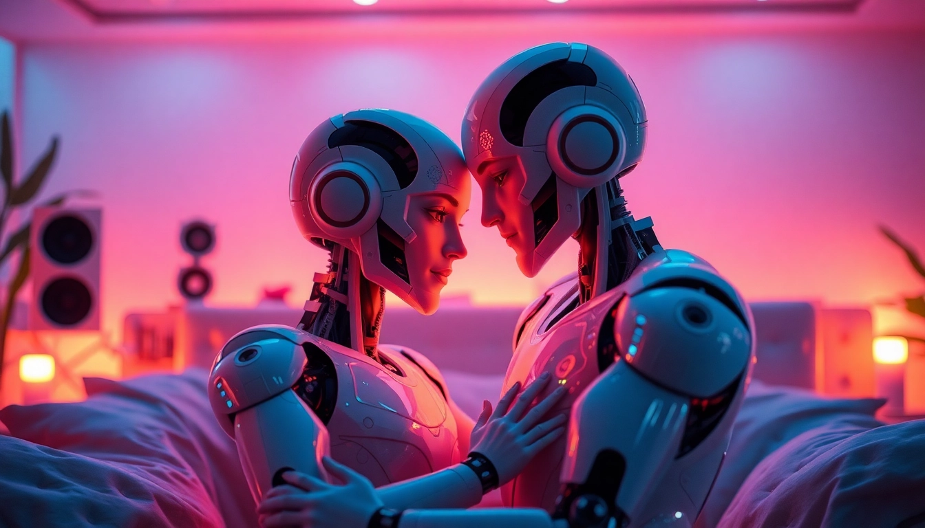 ai sex scene with humanoid robot and human in a romantic, futuristic setting