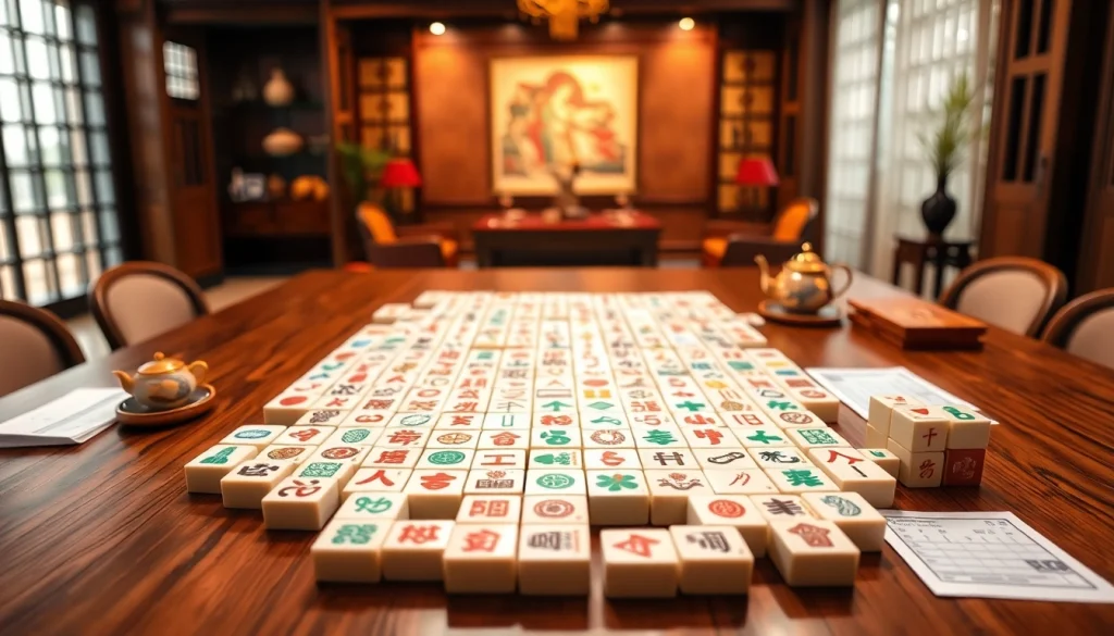 Bermain demo mahjong dengan tata letak ubin yang menarik di atas meja kayu.