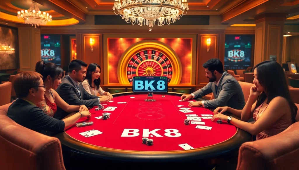 Players enjoy a thrilling game at the BK8 poker table, surrounded by vibrant casino elements.
